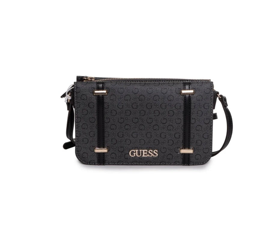 GUESS Borsa a Tracolla Nera con Logo All Over e Dettagli Dorati
