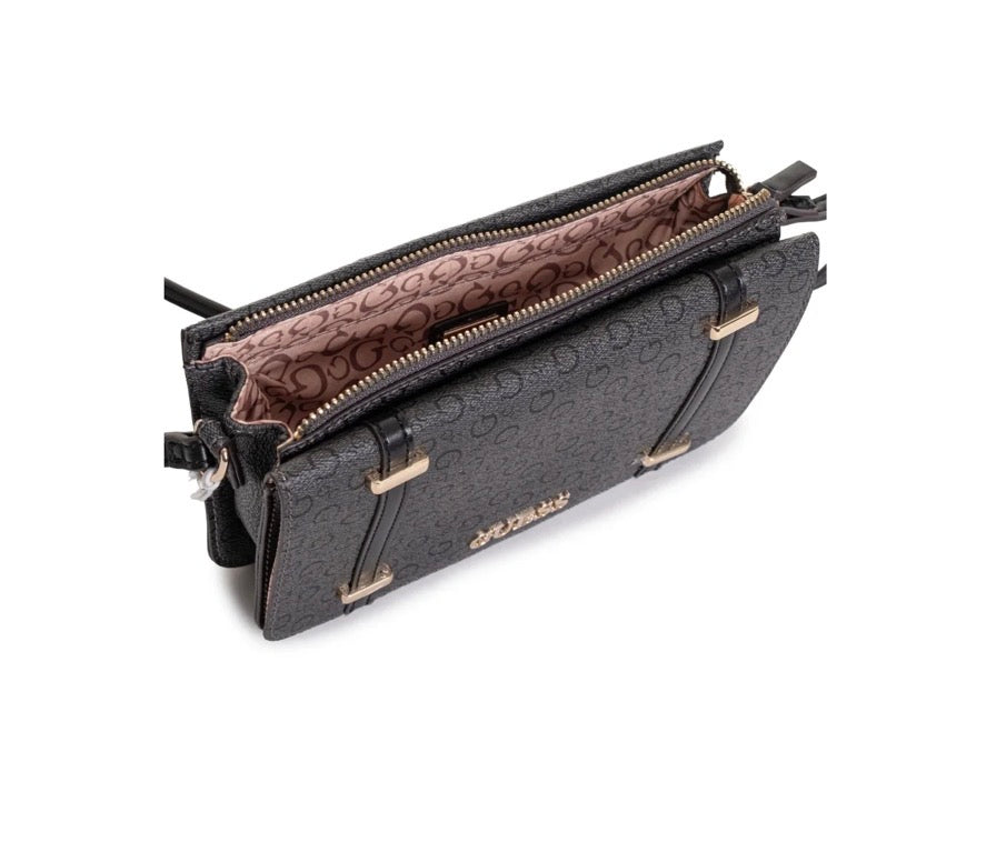 GUESS Borsa a Tracolla Nera con Logo All Over e Dettagli Dorati