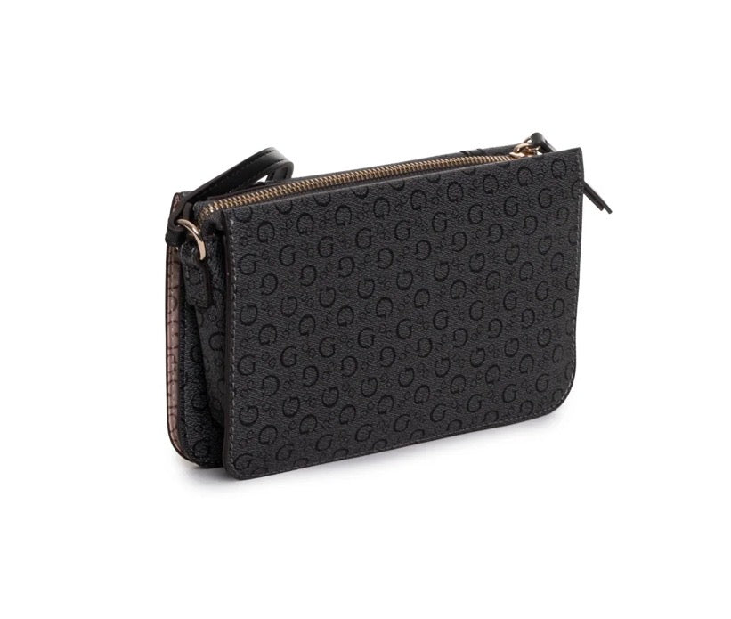 GUESS Borsa a Tracolla Nera con Logo All Over e Dettagli Dorati