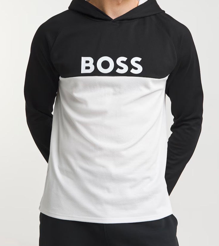 BOSS Felpa Uomo con Cappuccio Bicolore Bianca e Nera con Logo