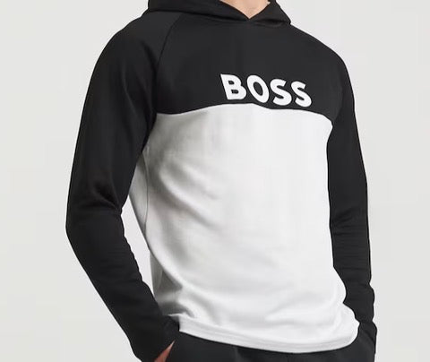 BOSS Felpa Uomo con Cappuccio Bicolore Bianca e Nera con Logo