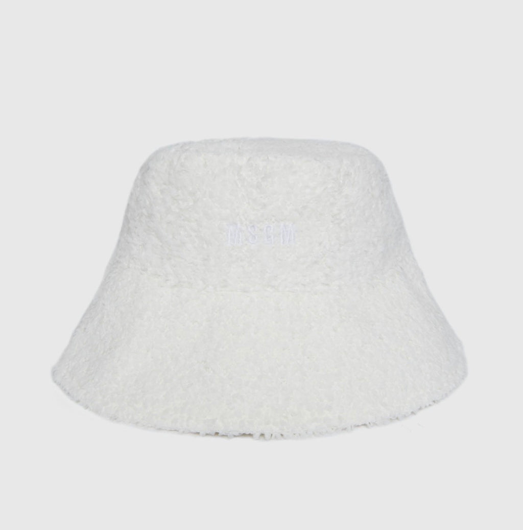 MSGM cappello donna bucket in bouclé bianco con logo – vista frontale