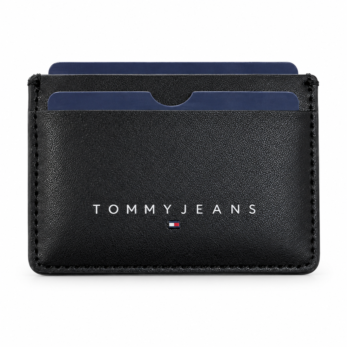 Portacarte Tommy Jeans nero con logo argentato, fronte su sfondo bianco